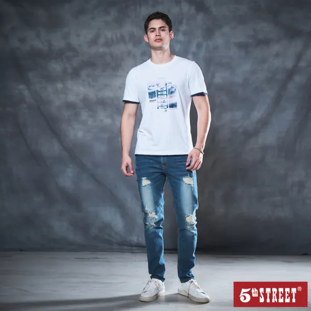 【5th STREET】男裝 短t 短袖 上衣 t恤 TEE logo 圖案 假兩件 白色(570908)