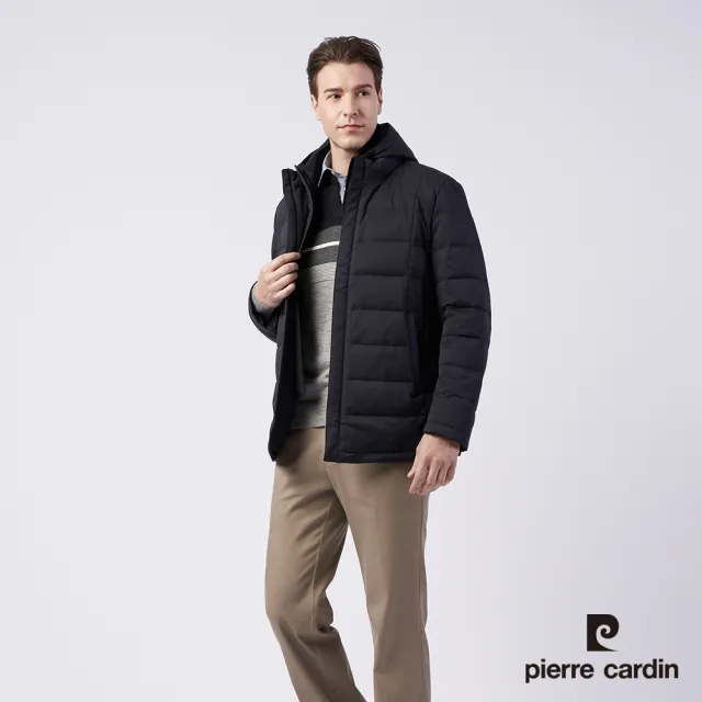 【pierre cardin 皮爾卡登】商務休閒 男款 進口素材 立領連帽短大衣防風羽絨外套-丈青色(5185731-39)