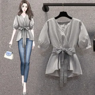 【Amay Style 艾美時尚】現貨 中大尺碼女裝 女上衣 修身V領蝴蝶結繫帶上衣。S-3XL