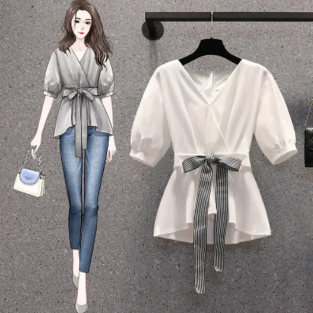 【Amay Style 艾美時尚】現貨 中大尺碼女裝 女上衣 修身V領蝴蝶結繫帶上衣。S-3XL