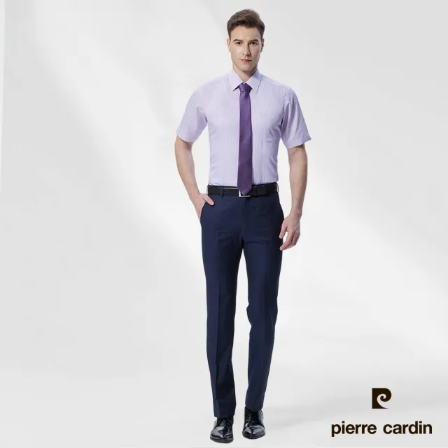 【pierre cardin 皮爾卡登】男襯衫 抗菌節能科技面料防皺免燙抗菌涼爽條紋短袖襯衫_淺紫條(92256-22)