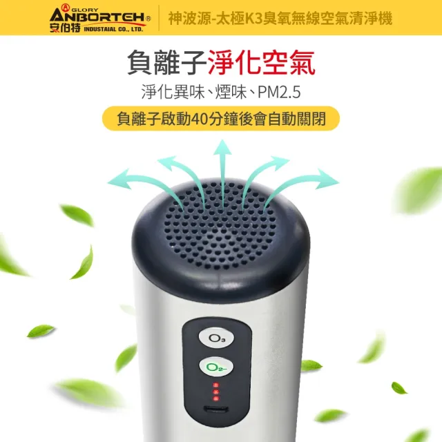 【ANBORTEH 安伯特】3入組-神波源 太極K3臭氧無線空氣清淨機(USB供電 臭氧殺菌 負離子淨化)