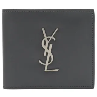 【YSL】金屬字母LOGO滑面牛皮對折8卡短夾(灰)