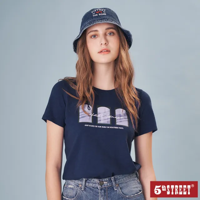 【5th STREET】雙11 女裝 短t 短袖 上衣 t恤 TEE 叮叮車圓盤 圖案 棉質 藍色(570879)