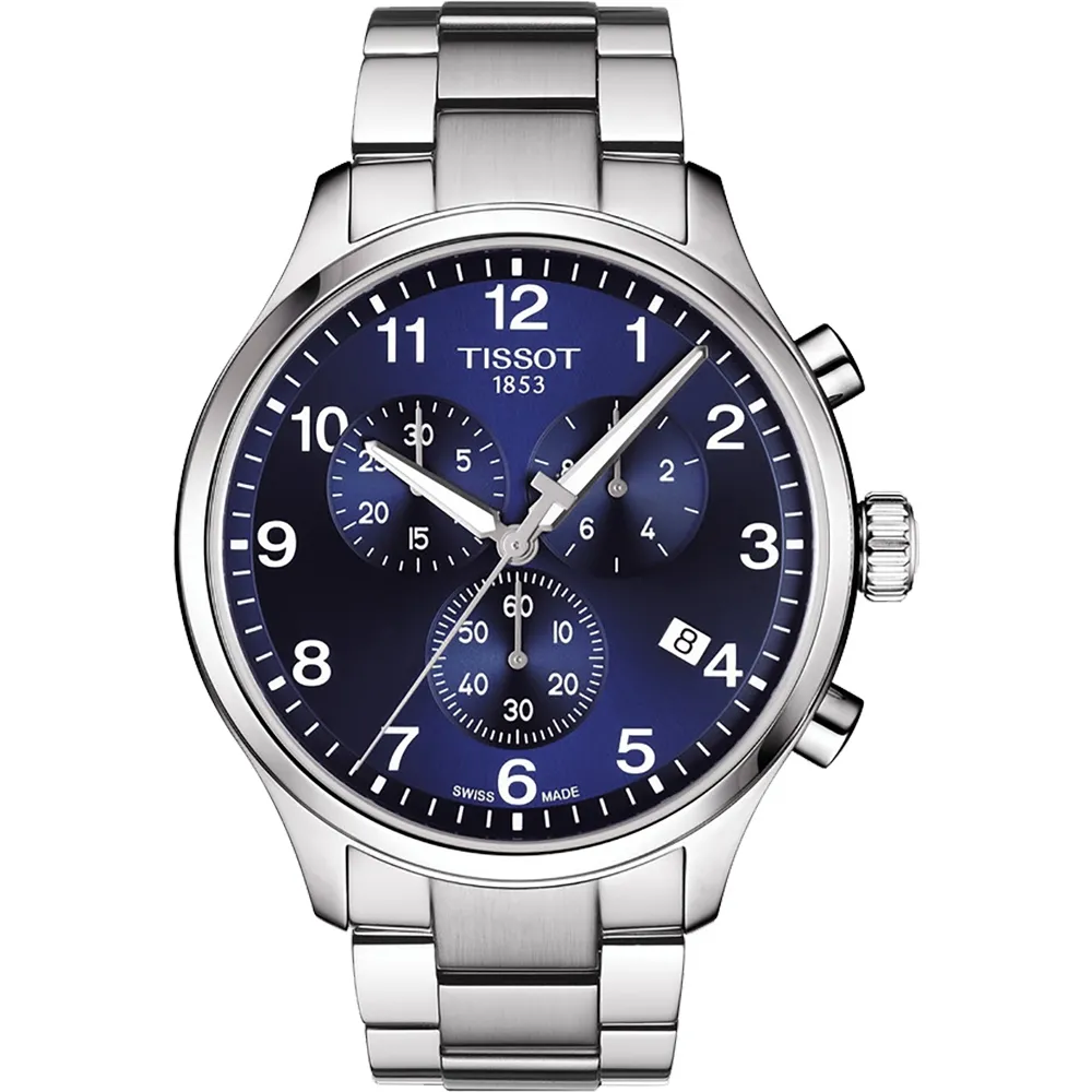 【TISSOT 天梭】韻馳系列 Chrono XL三眼計時手錶-藍x銀/45mm 送行動電源 畢業禮物(T1166171104701)