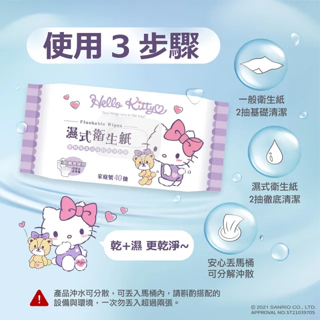 【SANRIO 三麗鷗】Hello Kitty 凱蒂貓 濕式衛生紙 40 抽 X  36 包 家庭號組合包 可安心丟馬桶(箱購)