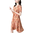 【REKO】現貨-玩美衣櫃復古日系優雅V領繫帶印花洋裝M-5XL(共二色)