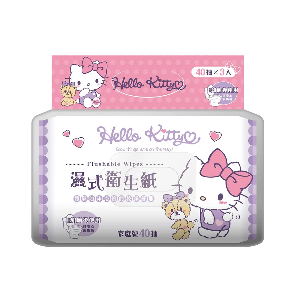 【SANRIO 三麗鷗】Hello Kitty 凱蒂貓 溼式衛生紙 40 抽 X  12 包 家庭號組合包 可安心丟馬桶