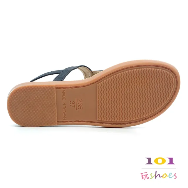 【101 玩Shoes】mit. 大尺碼金屬T字夾腳平底美形涼鞋(米色/黑色.41-44碼)