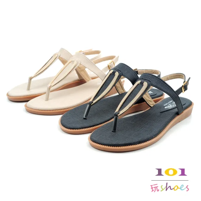 【101 玩Shoes】mit. 大尺碼金屬T字夾腳平底美形涼鞋(米色/黑色.41-44碼)