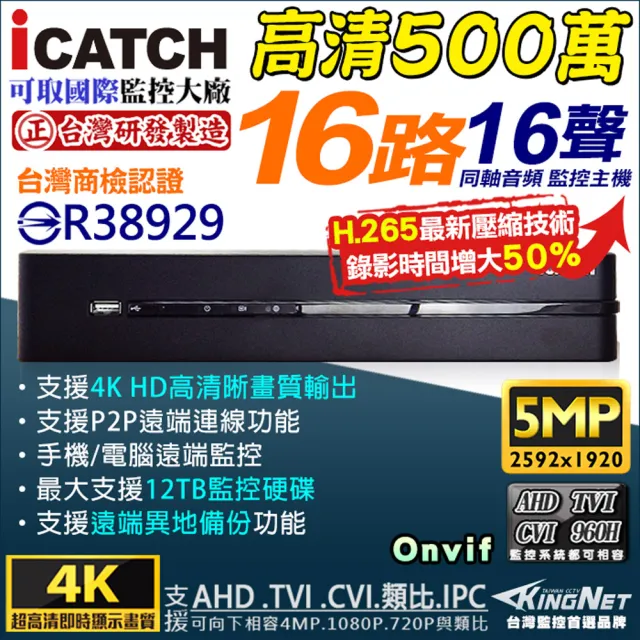 【KINGNET】監視器 16路主機 H.265 5MP 500萬 DVR(icatch 台灣製 可取)