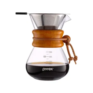 【CorelleBrands 康寧餐具】Pyrex Cafe 質感木環手沖咖啡玻璃壺 400ML(附濾網)