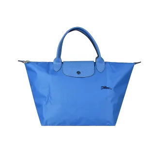 【LONGCHAMP】LONGCHAMP刺繡LOGO撞色設計尼龍短提把拉鍊摺疊手提包(中/水藍x深藍)