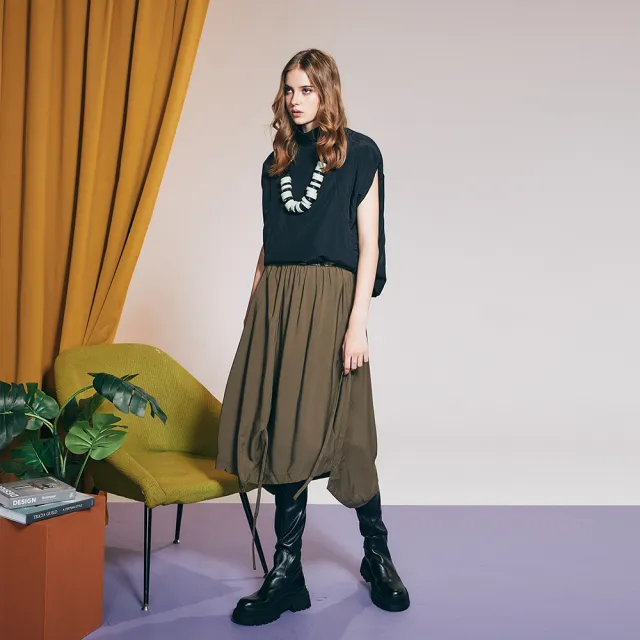 【ICHE 衣哲】Cop.Copine 法國原裝進口抽繩造型長裙-軍綠