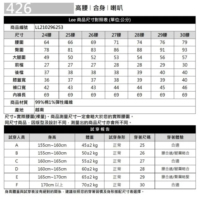 【Lee】出清品-女裝 牛仔褲 / 426 高腰修身喇叭 深藍洗水(LL210296253)