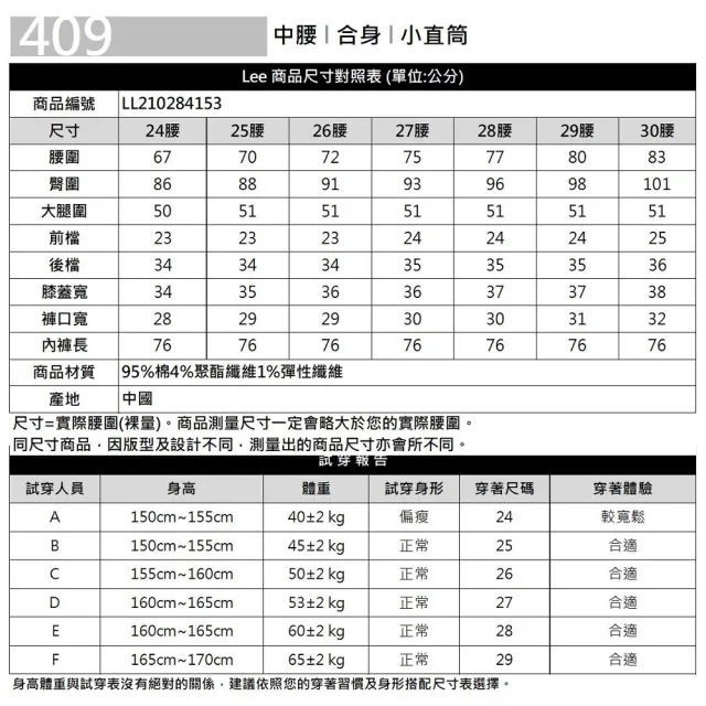 【Lee】出清品-女裝 牛仔褲 / 409 中腰合身小直筒 深藍洗水(LL210284153)