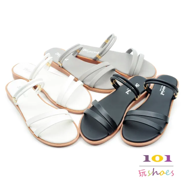 【101 玩Shoes】mit.大尺碼簡約雙扁帶兩穿涼拖鞋(黑/白/灰.41-44碼)