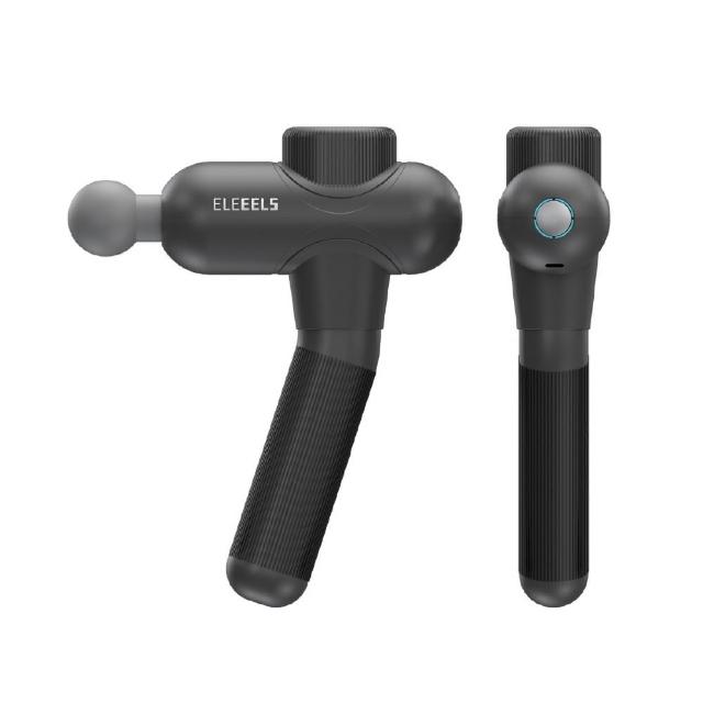  ELEEELS X3 黑色按摩槍，尺寸27.5x17.5x7cm、重量僅900g，輕巧便攜。內含收納包、充電線及四組槍頭，適合深層肌肉放鬆、肩頸腰背緩解。中國製造，專業級家用按摩器，提升日常舒壓體驗。 