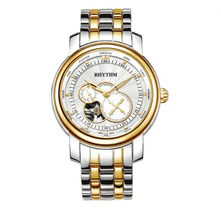 【RHYTHM 麗聲】時尚商務分鐘印紋半鏤空自動機械腕錶(金/不鏽鋼錶帶)