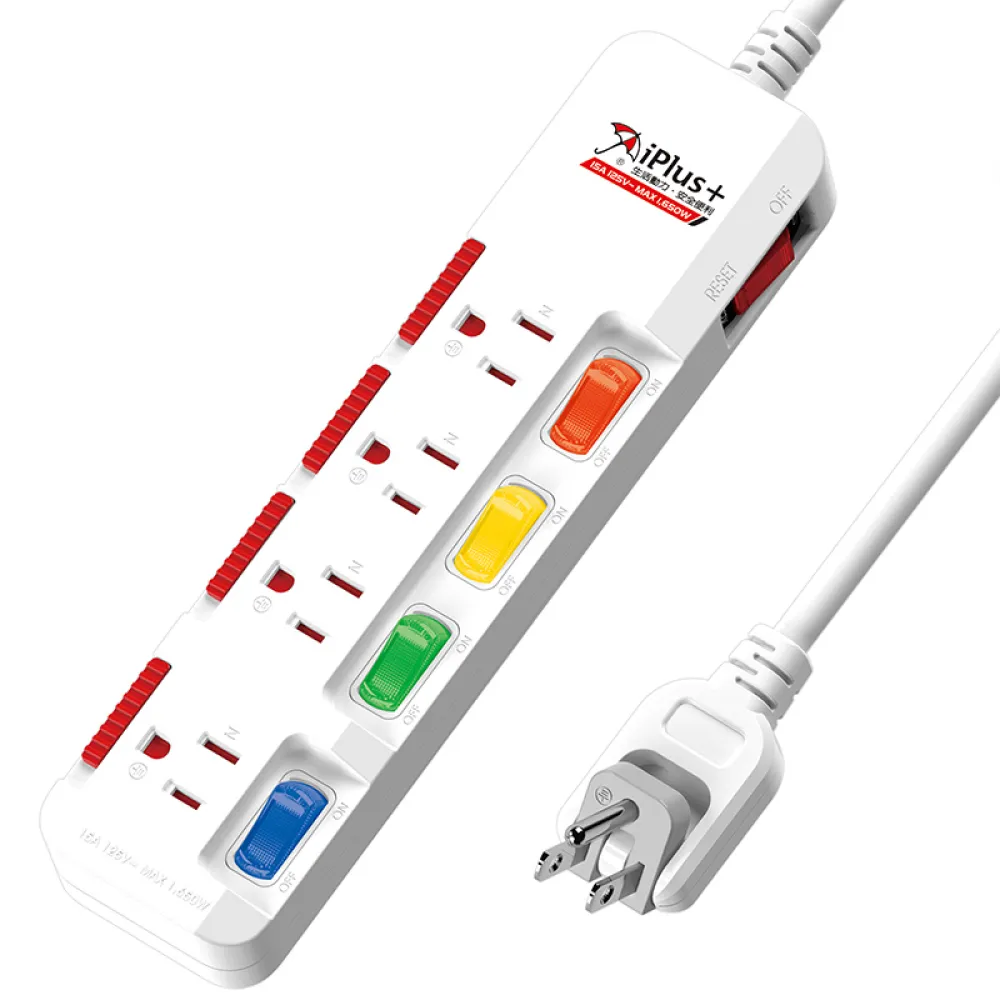 【iPlus+ 保護傘】5開4插防火防塵抗雷擊扁插延長線1.2m(PU-3543S)