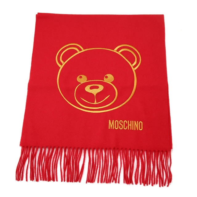 MOSCHINO 泰迪熊臉純羊毛寬版流蘇圍巾(007 紅色)