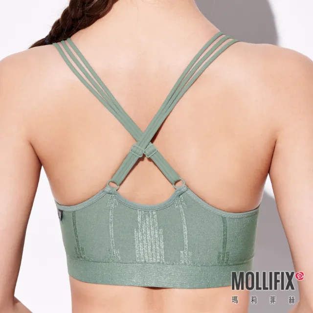 【Mollifix 瑪莉菲絲】A++ 微光三弦美背浮托BRA、瑜珈服、無鋼圈、運動內衣(青木綠)