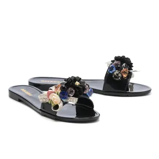 【MELROSE】繽紛絢麗珍珠花朵平底拖鞋(黑)