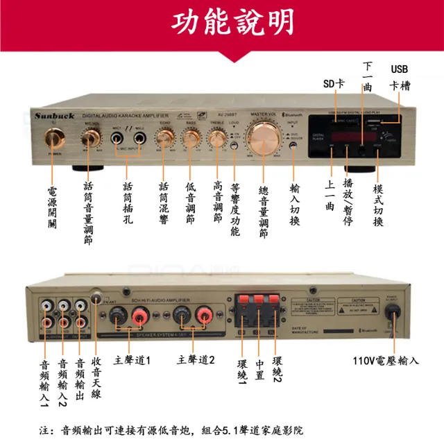 SUNBUCK/山宇】110V擴大機5聲道功放機(內置藍芽/遙控/卡拉OK擴大機音響