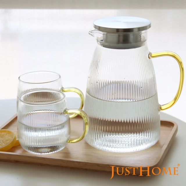 【Just Home】清透感線條耐熱玻璃一壺2杯組 茶壺+馬克杯(玻璃杯、耐熱玻璃)