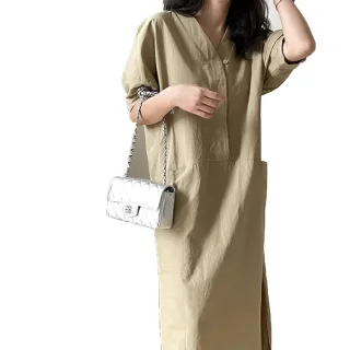 【MsMore】韓國皇室設計款V領寬鬆棉麻洋裝#110011現貨+預購(2色)