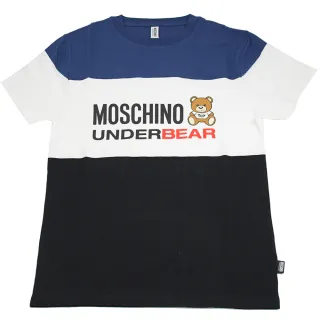 【MOSCHINO】品牌英泰迪熊條紋圖案個性棉短T恤(白藍黑)