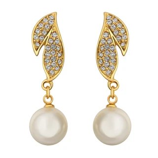 【Aphrodite 愛芙晶鑽】抽象葉子造型珍珠鑲鑽耳環(黃金色)