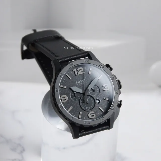 【FOSSIL】Nate 黑色大錶盤計時皮革錶帶 男錶 石英錶 雙11(JR1354)
