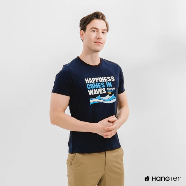 【Hang Ten】男裝-有機棉海洋文字印花T恤-深藍