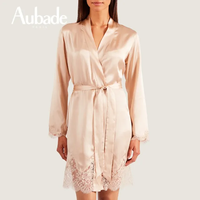 【Aubade】愛的絲綢長袖膝上外袍 蠶絲蕾性感絲睡衣 女睡衣 法國進口居家服-MS(金膚)