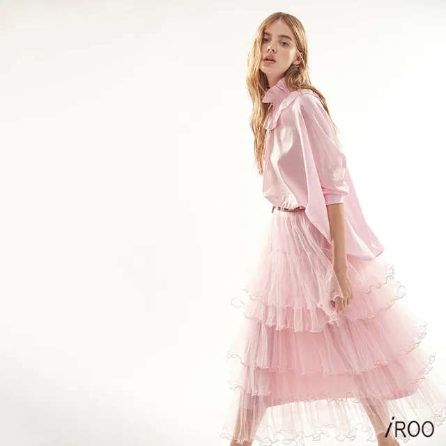 【iROO】荷葉捲邊長版網紗裙