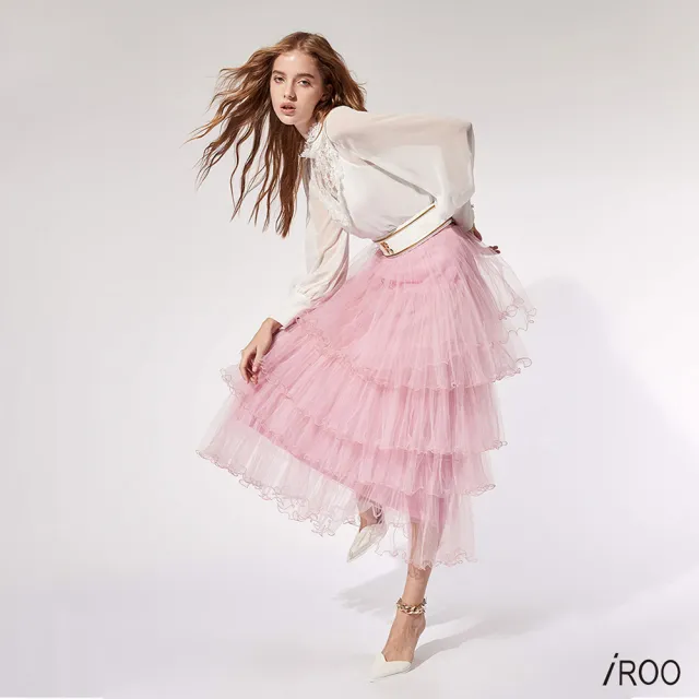 【iROO】荷葉捲邊長版網紗裙