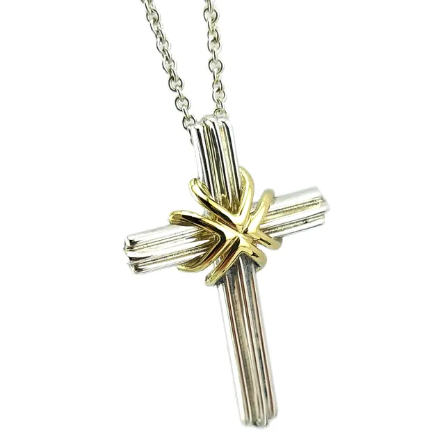 【Tiffany&Co. 蒂芙尼】925純銀大十字架搭18K金墜飾項鍊(展示品)