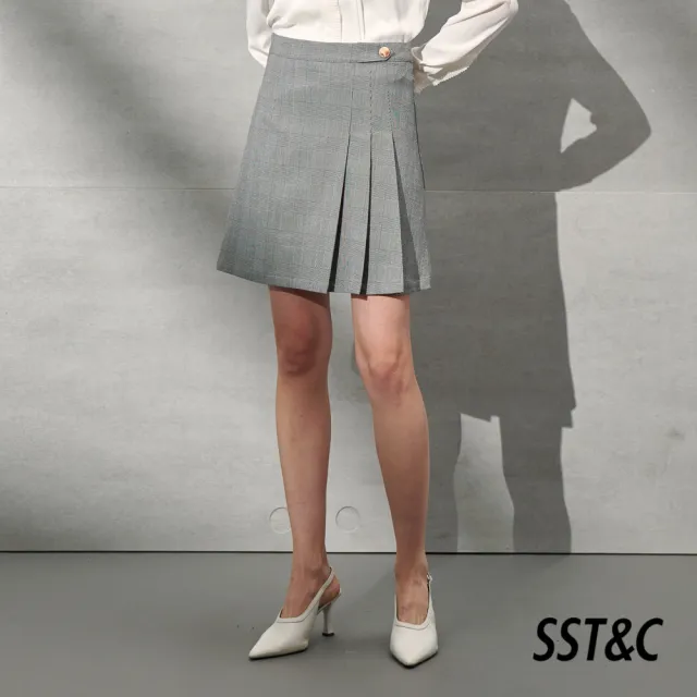 【SST&C 最後65折】羊毛混紡灰格紋壓褶西裝裙7462112006
