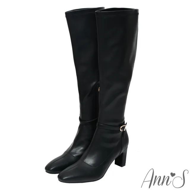 【Ann’S】精緻美感窄版-彈力羊紋可拆繫帶兩穿扁跟及膝長靴6.5cm(黑)