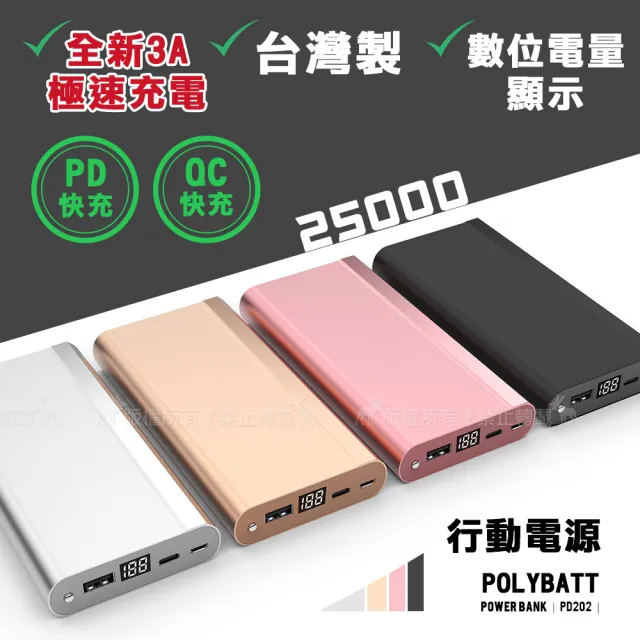 台灣製 支援18W PD/QC3.0 全新3A雙向快充 25000大容量液晶顯示行動電源