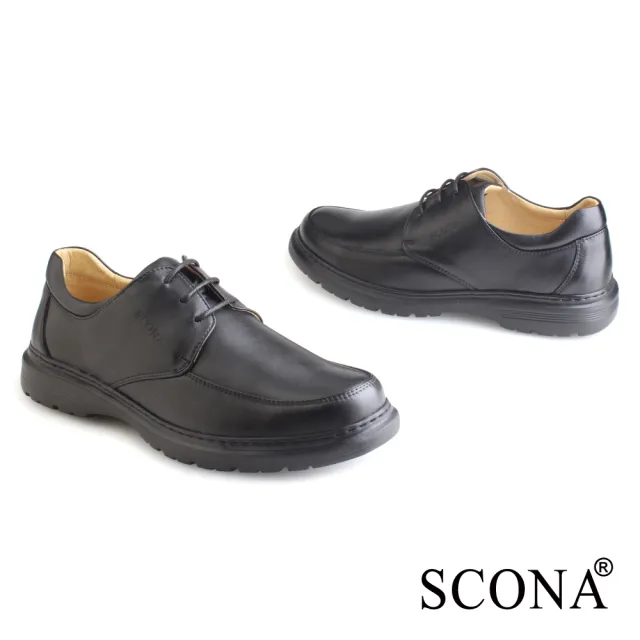 【SCONA 蘇格南】全真皮 輕量Q彈綁帶商務鞋(黑色 0875-1)