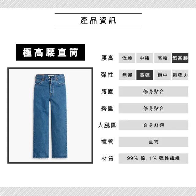 【LEVIS 官方旗艦】女款 Ribcage復古超高腰排釦直筒牛仔長褲/精工中藍染石洗/有機面料/彈性/及踝 熱賣單品