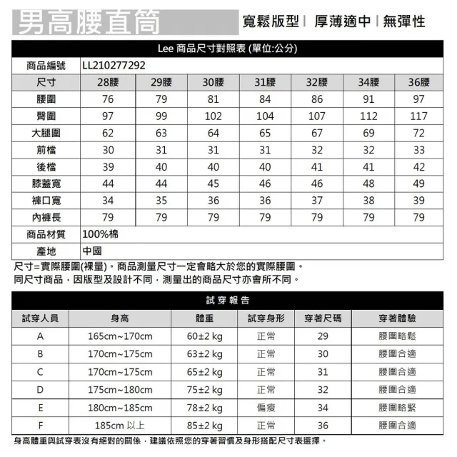【Lee】出清品-男裝 牛仔褲 / 工裝風 高腰寬鬆小直腳 中藍洗水(LL210277292)