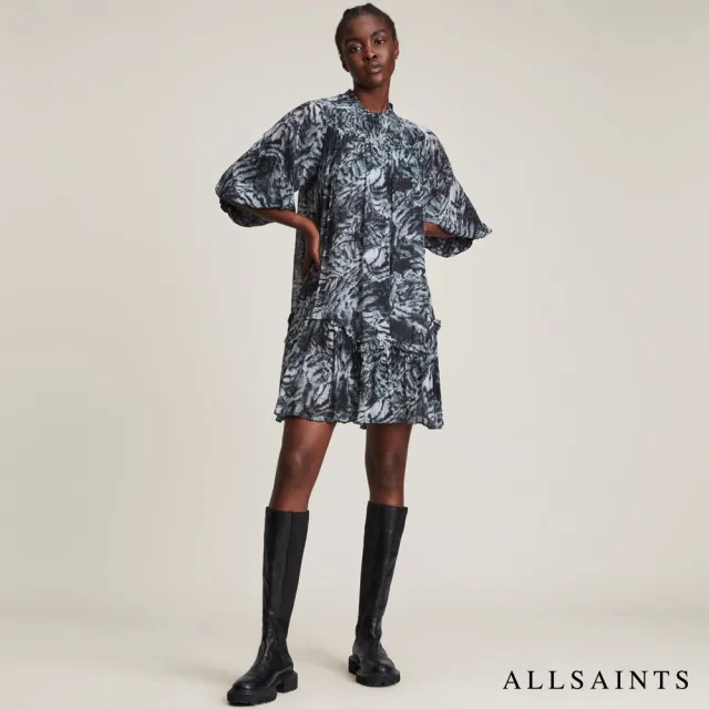 【ALLSAINTS】ARILA GRIZEDALE 輕薄動物紋印花人造絲連身裙短洋裝-灰 WD026V(舒適版型)