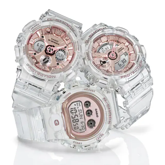 【CASIO 卡西歐】G-SHOCK 小巧時尚半透明玫瑰金錶盤指針數位雙顯錶(GMA-S110SR-7A 世界時間 抗磁)