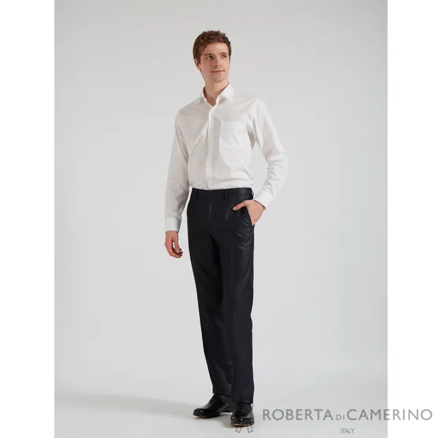 【ROBERTA 諾貝達】男裝 進口素材 修身 暗紋直條布 經典西褲 平口(黑)