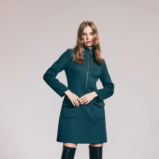 【ICHE 衣哲】Cop.Copine 法國原裝進口立領長袖洋裝-黛綠