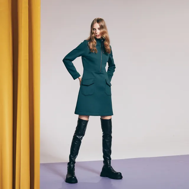 【ICHE 衣哲】Cop.Copine 法國原裝進口立領長袖洋裝-黛綠