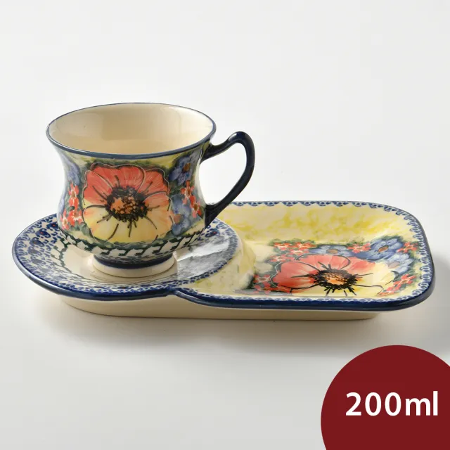 【美學生活 波蘭陶】波蘭陶 Cerraf  花茶杯+茶托點心盤組 馬克杯 點心盤 200ml 波蘭手工製(古典花園系列)